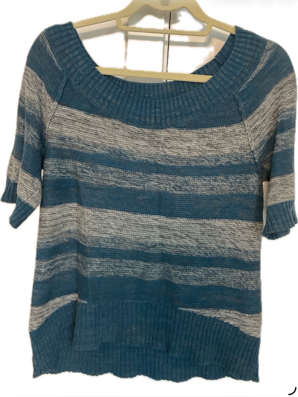 Maurices Short Sleeve Blue & Gray Striped Scoop-Neck Sweater.